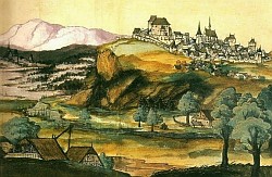 Najstarszy wizerunek Będzina (Biblioteka Uniwersytecka Würzburg - podróż palatyna Ottheinricha po Europie, malował prawdopodobnie Matthias Gerung około 1536 roku).